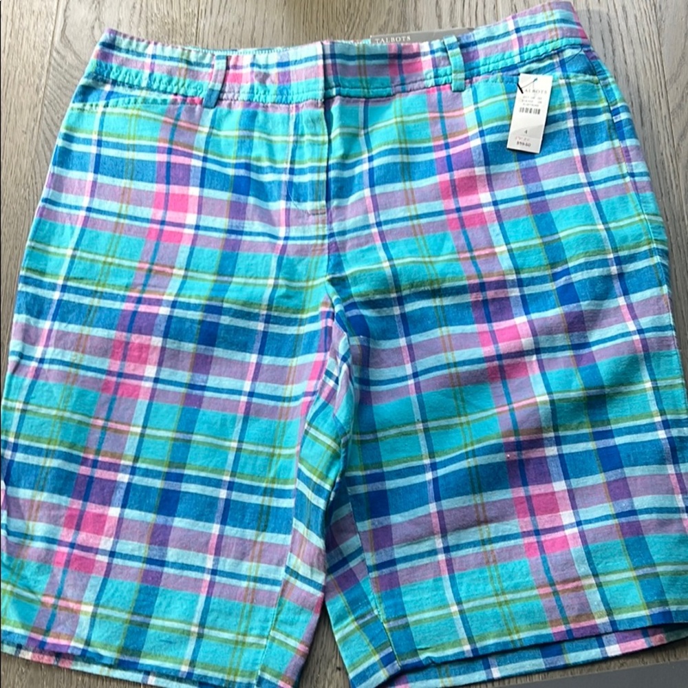 Talbots linen blend perfect short plaid zip fly 4 - Picture 2 of 6